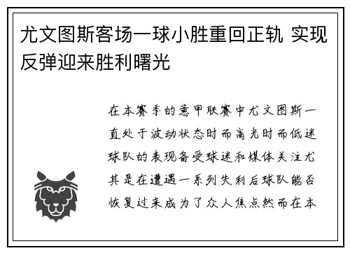 尤文图斯客场一球小胜重回正轨 实现反弹迎来胜利曙光