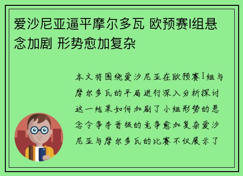 爱沙尼亚逼平摩尔多瓦 欧预赛I组悬念加剧 形势愈加复杂