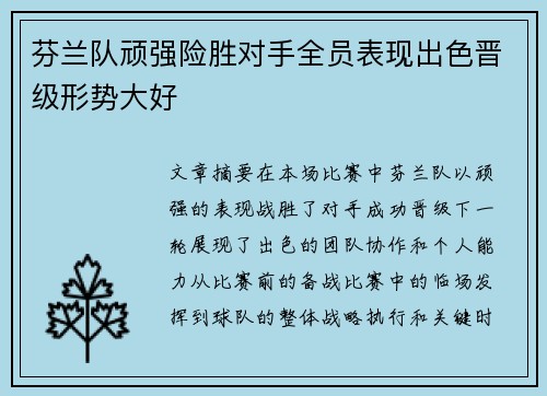 芬兰队顽强险胜对手全员表现出色晋级形势大好