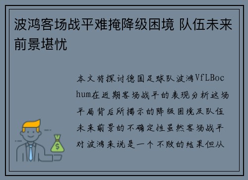 波鸿客场战平难掩降级困境 队伍未来前景堪忧