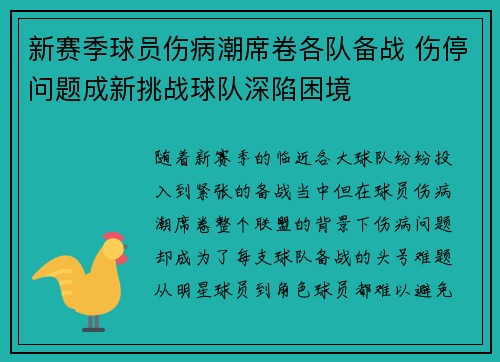 新赛季球员伤病潮席卷各队备战 伤停问题成新挑战球队深陷困境
