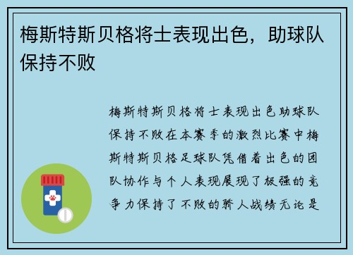 梅斯特斯贝格将士表现出色，助球队保持不败
