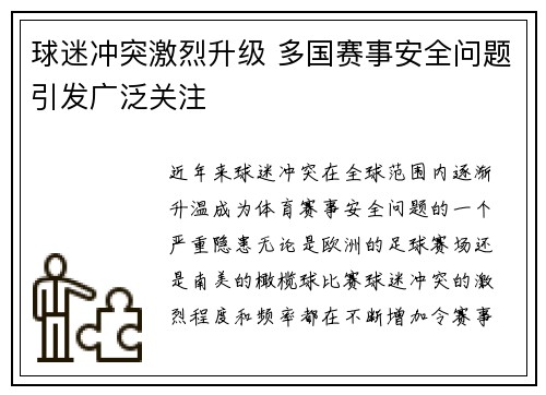 球迷冲突激烈升级 多国赛事安全问题引发广泛关注