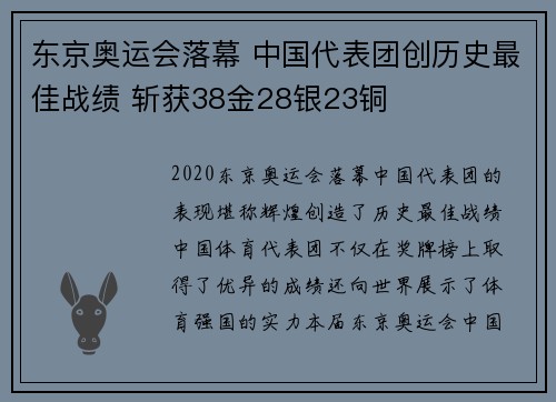东京奥运会落幕 中国代表团创历史最佳战绩 斩获38金28银23铜