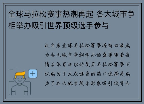 全球马拉松赛事热潮再起 各大城市争相举办吸引世界顶级选手参与